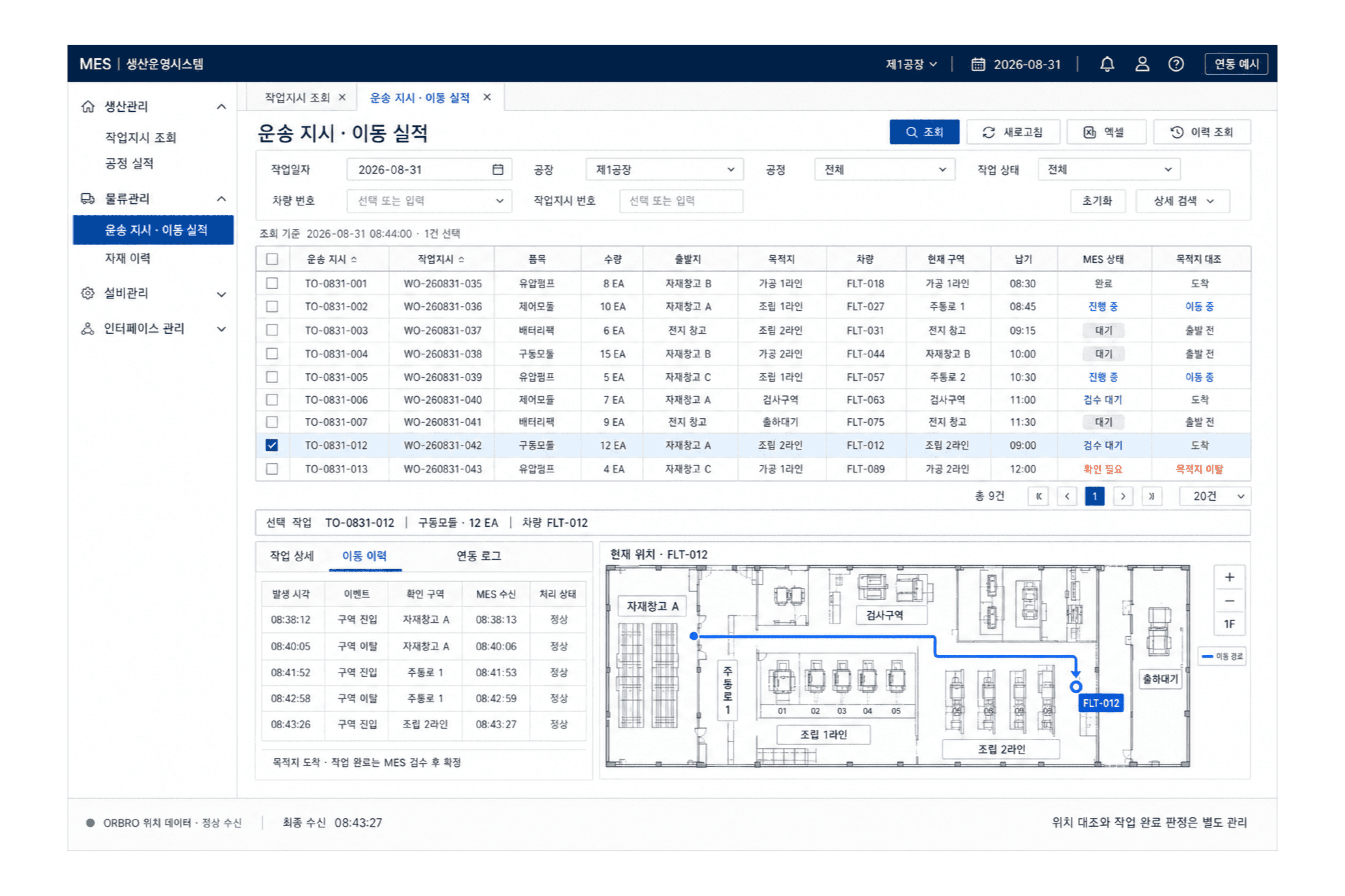 MESの作業指示とフォークリフトの位置・移動履歴を照合する連携画面の例