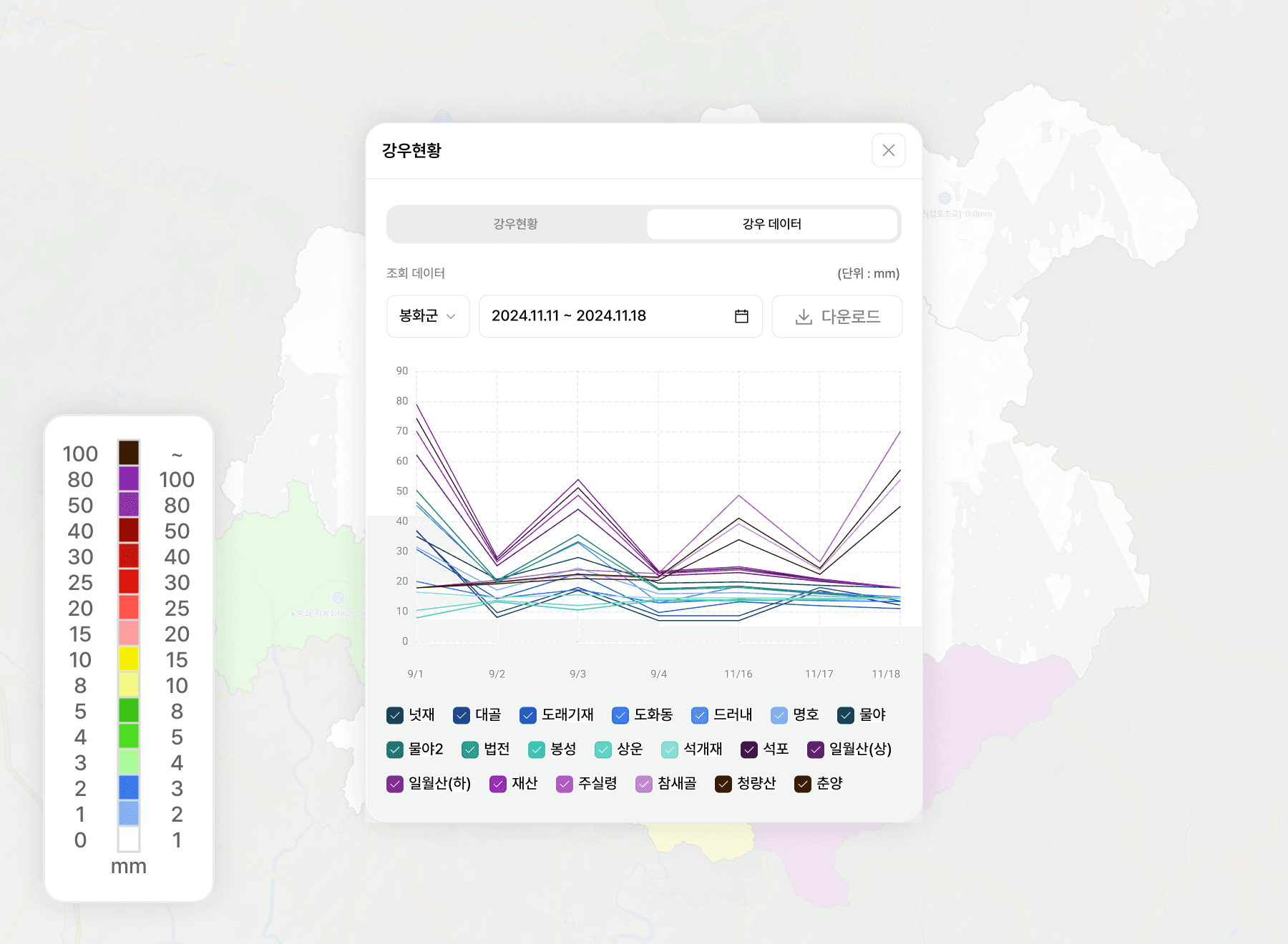 地域別降雨状況のリアルタイム確認