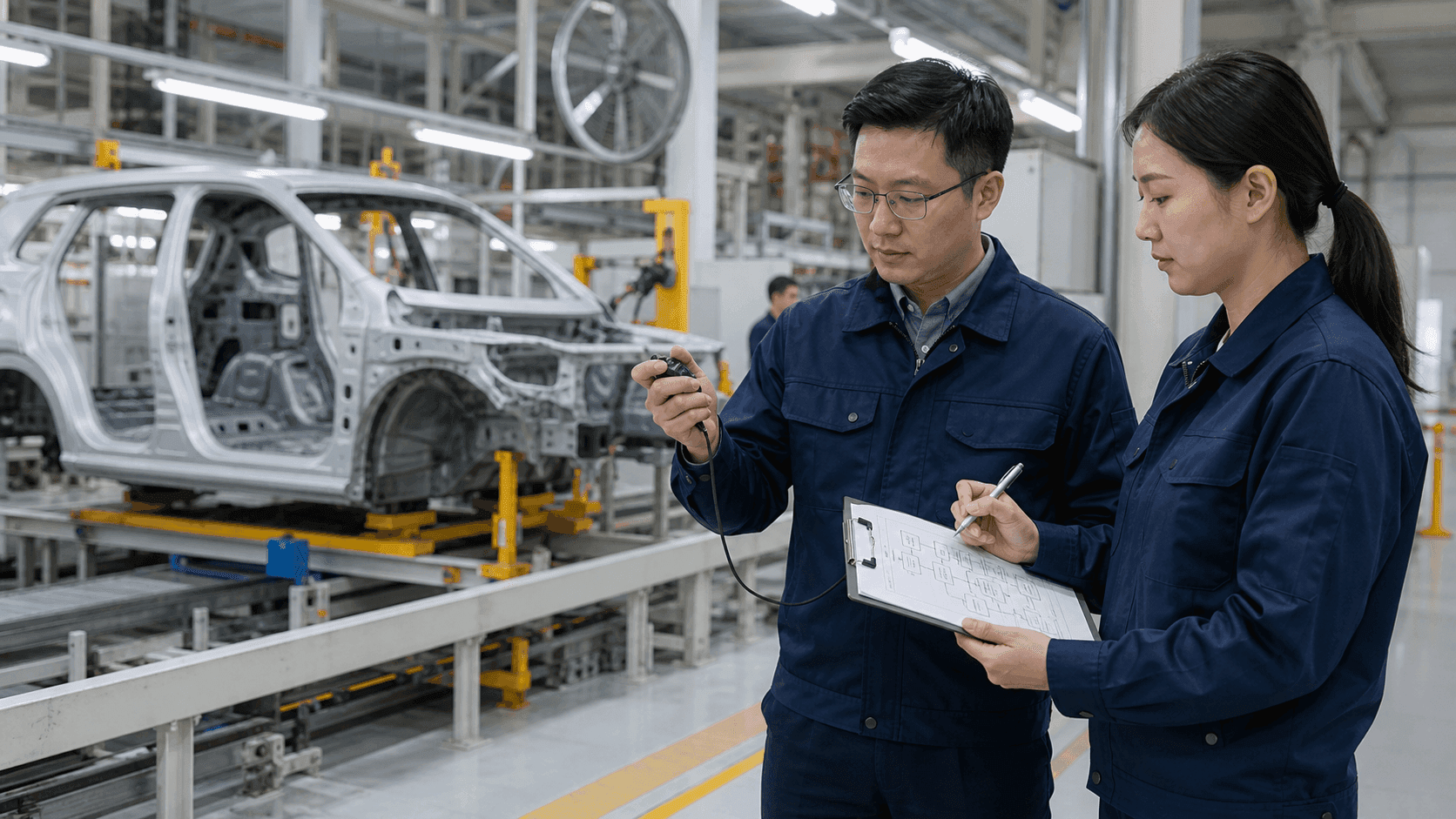 Worker measuring process time on the production line and verifying the improvement