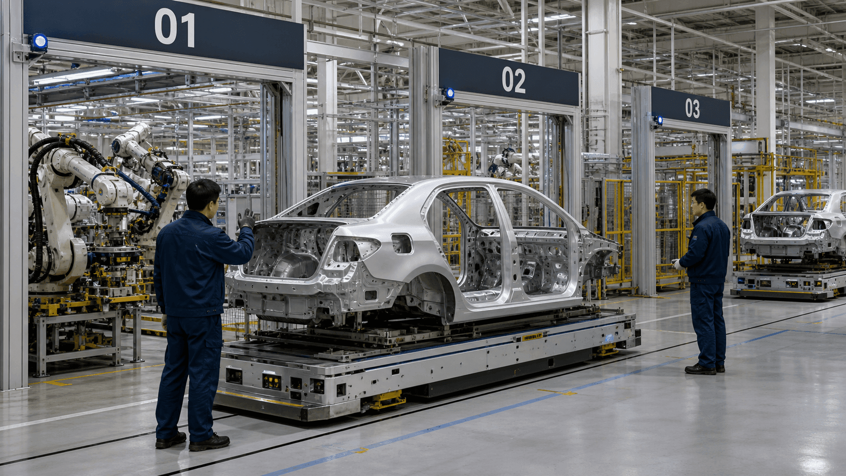 Vehicle work piece moving in sequence through numbered manufacturing process zones