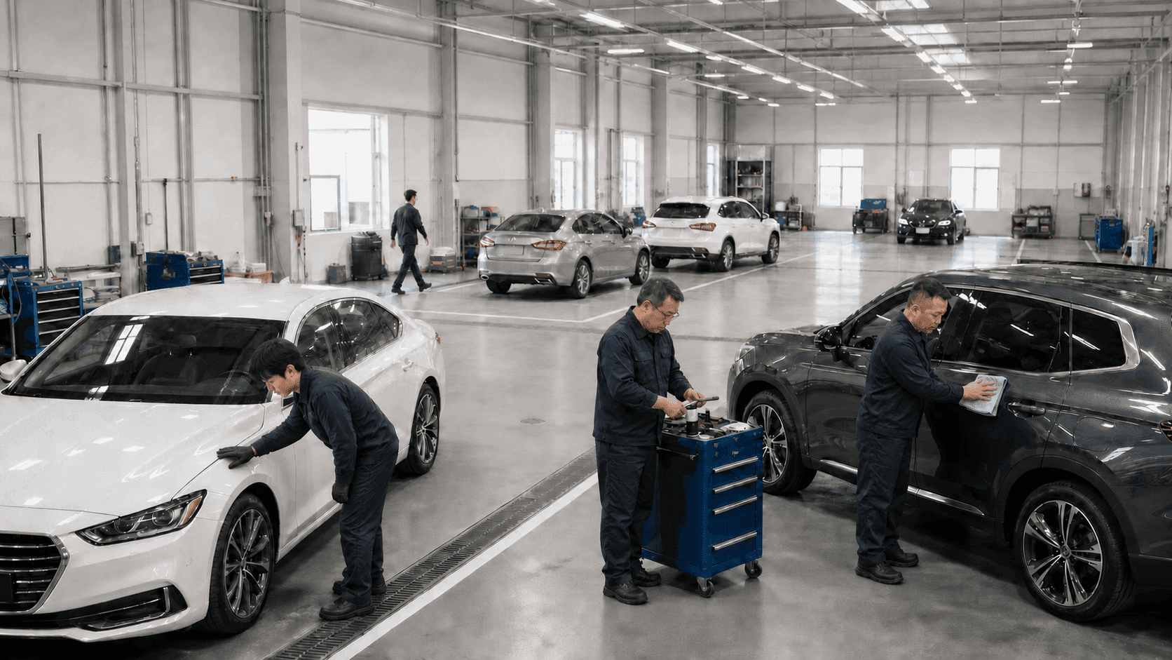Recreated scene of exterior inspection and work in a vehicle finishing process