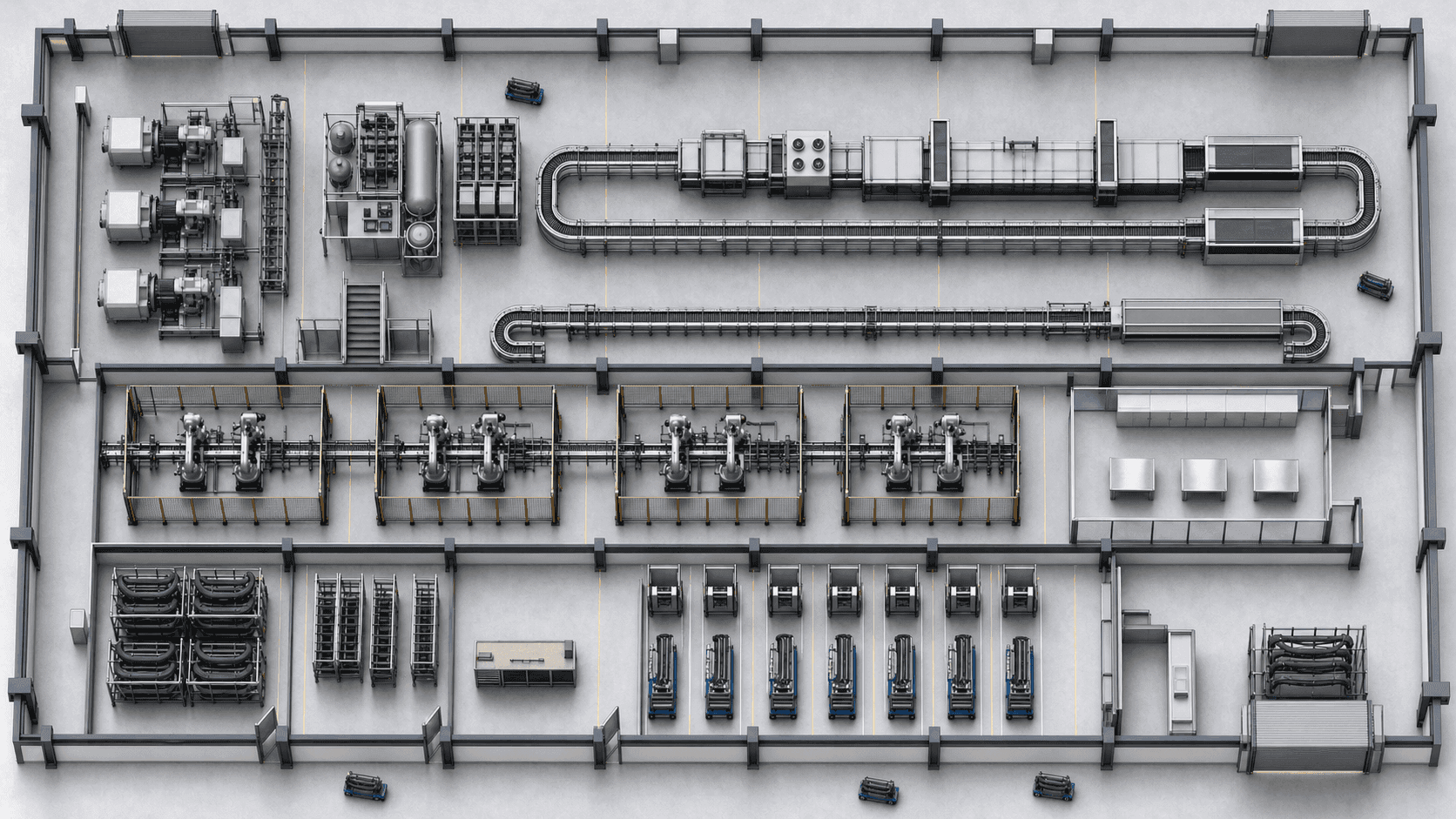 Overhead view of production lines, aisles and AMR travel zones in an automotive parts factory