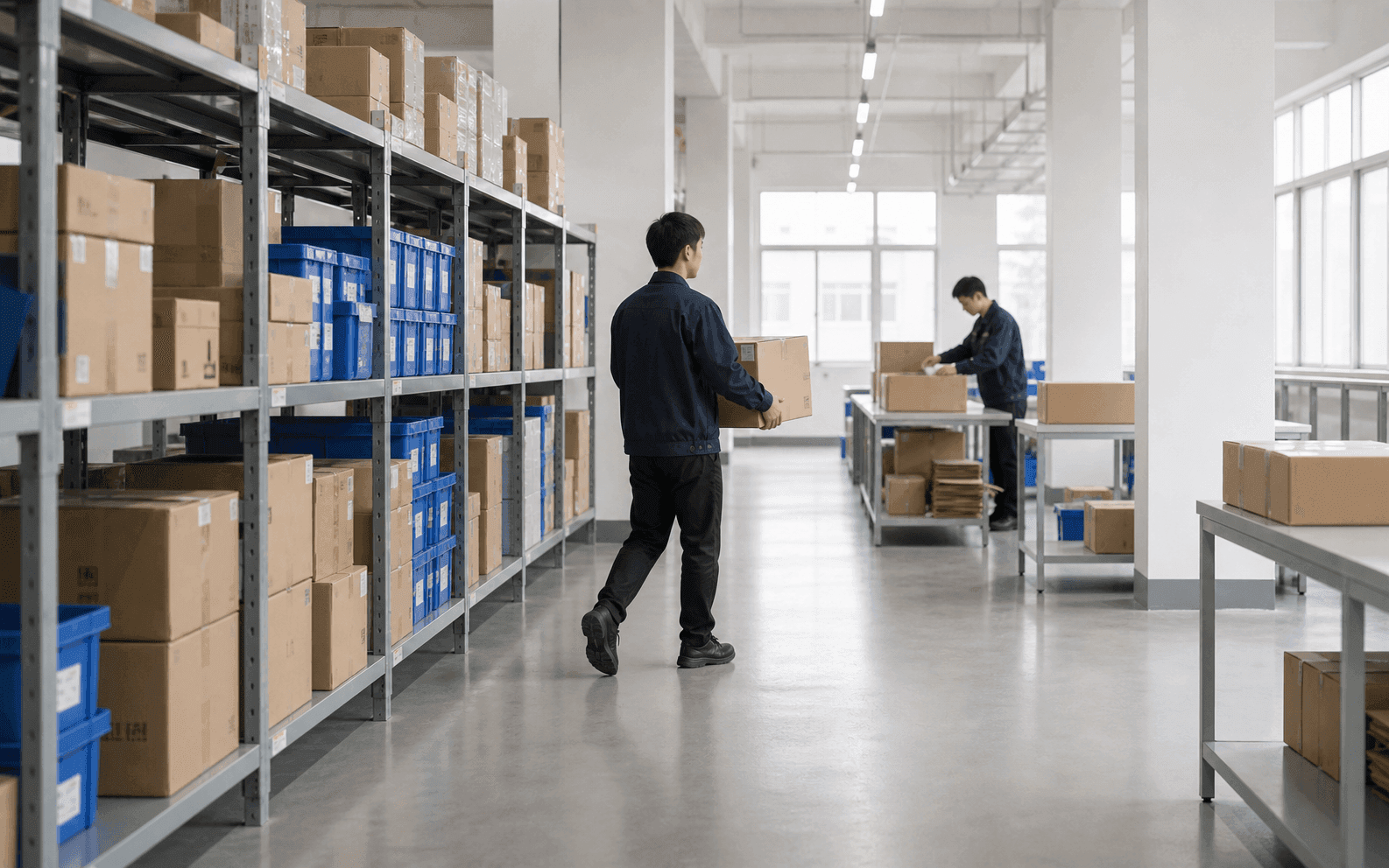 Worker moving along the aisle between racks and the packing process