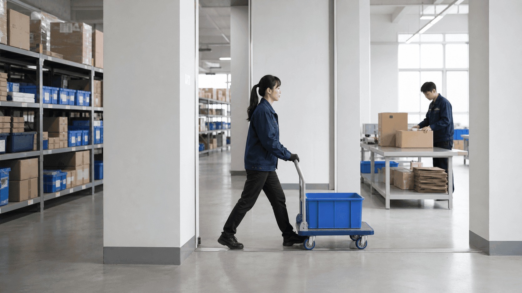 Worker passing through the doorway at a process boundary