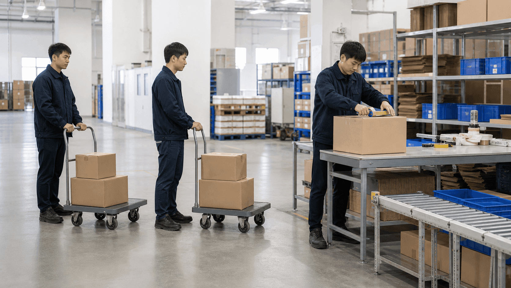 Worker waiting with a transport cart in front of the packing bench