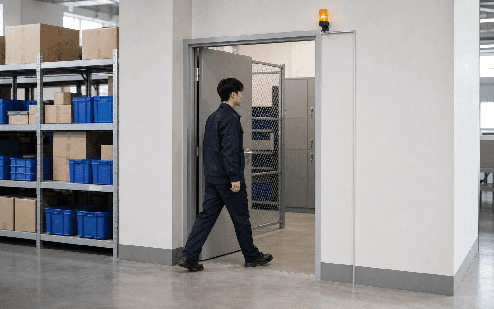 Worker passing a restricted zone entrance beside a warning light